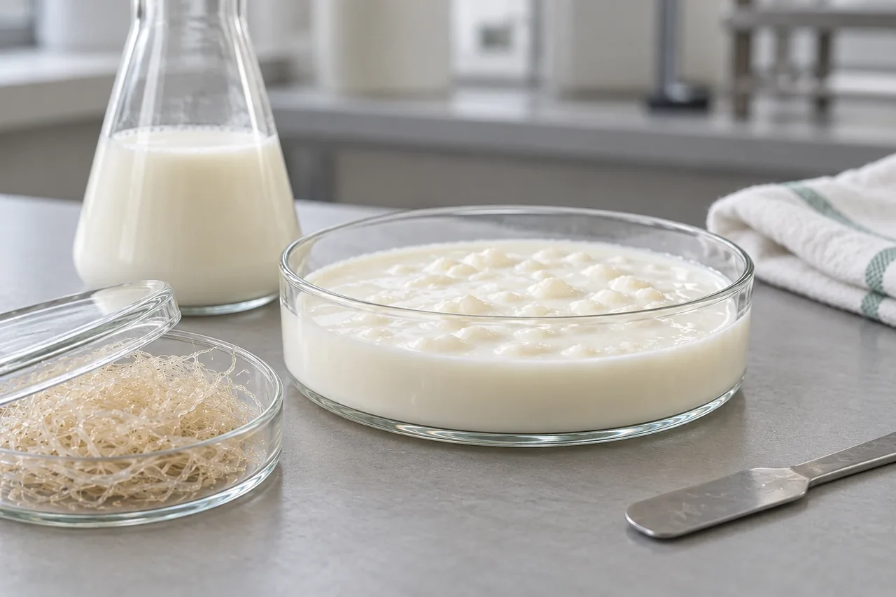 Чаша кисломолочного продукта и светлые волокна на металлической поверхности.