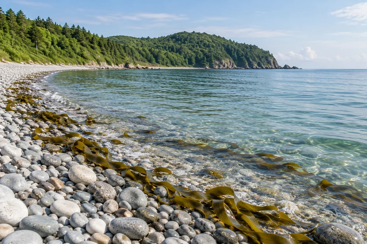 Conceptual landscape — pebbles and kelp on the Russian Far East coast.