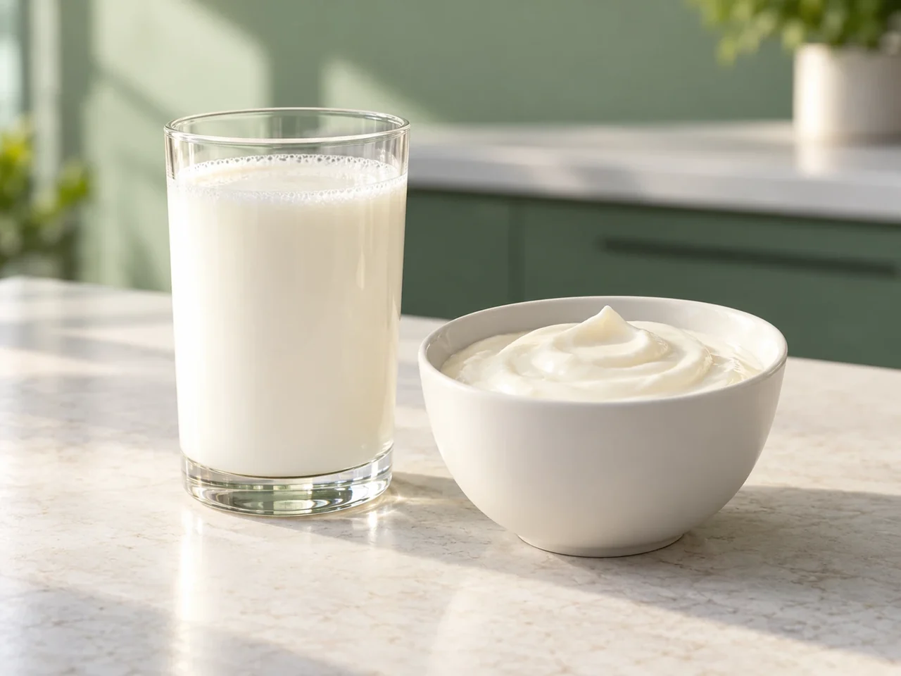 Conceptual scene — a glass of kefir and a bowl of yogurt by a window.
