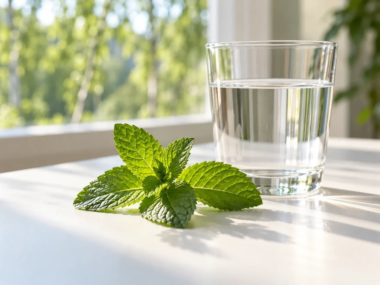 Conceptual scene — fresh mint and a glass of water.