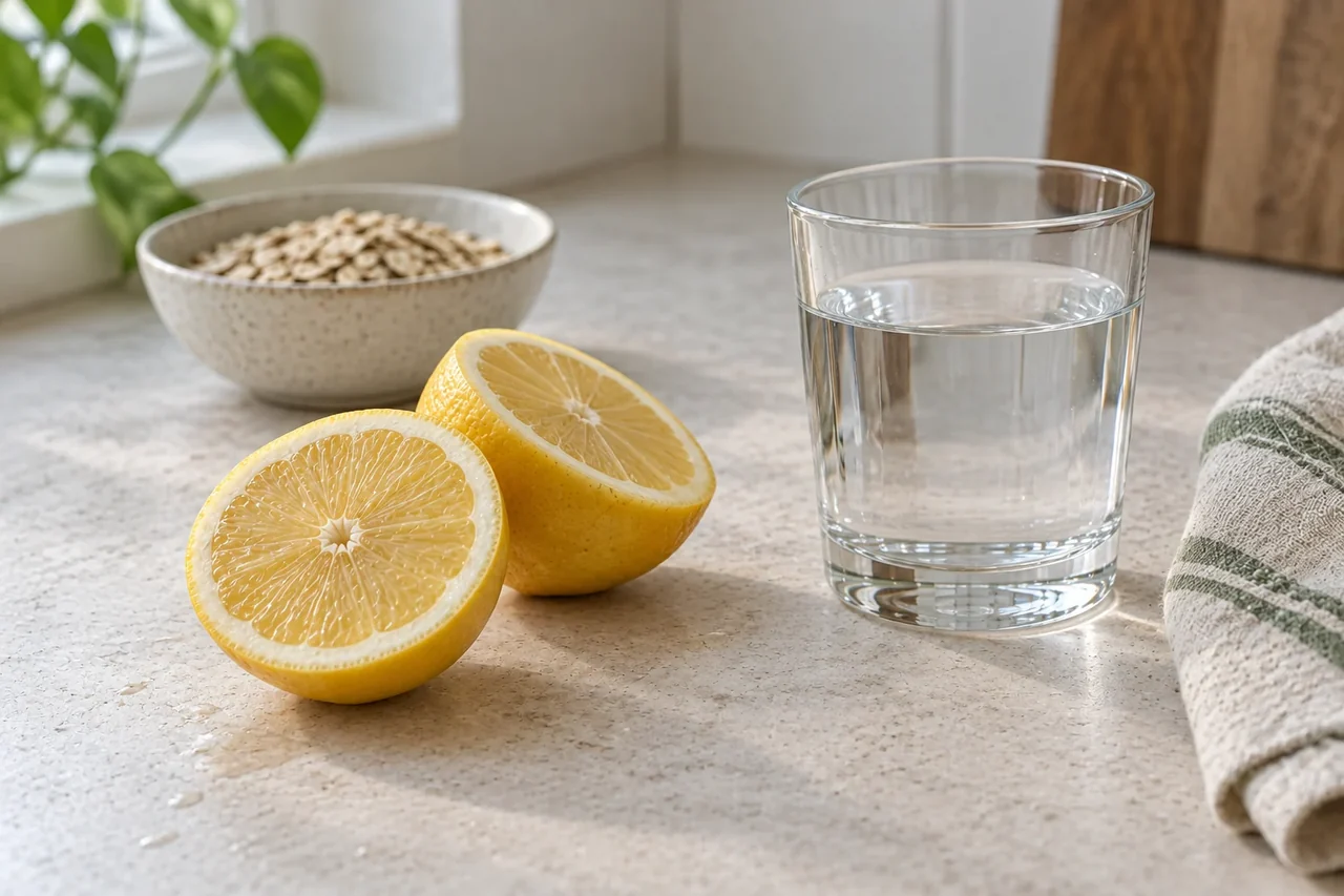 Lemon, a glass of water and grains in a conceptual illustration for a historical report.